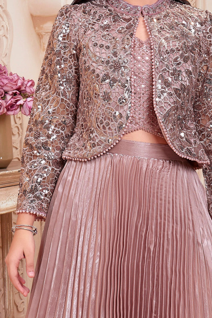 Onion Pink Sequins, Beads and Thread work Jacket Styled Lehenga Choli for Girls