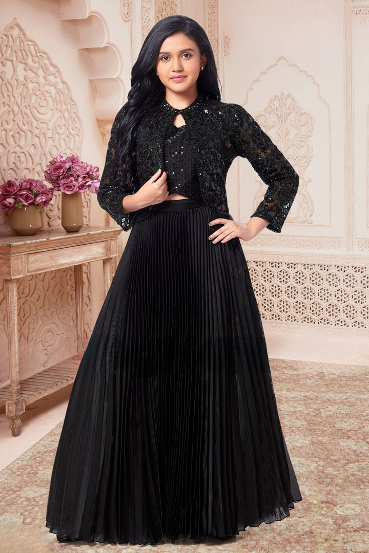 Black Sequins, Beads, Stone and Thread work Jacket Styled Lehenga Choli for Girls