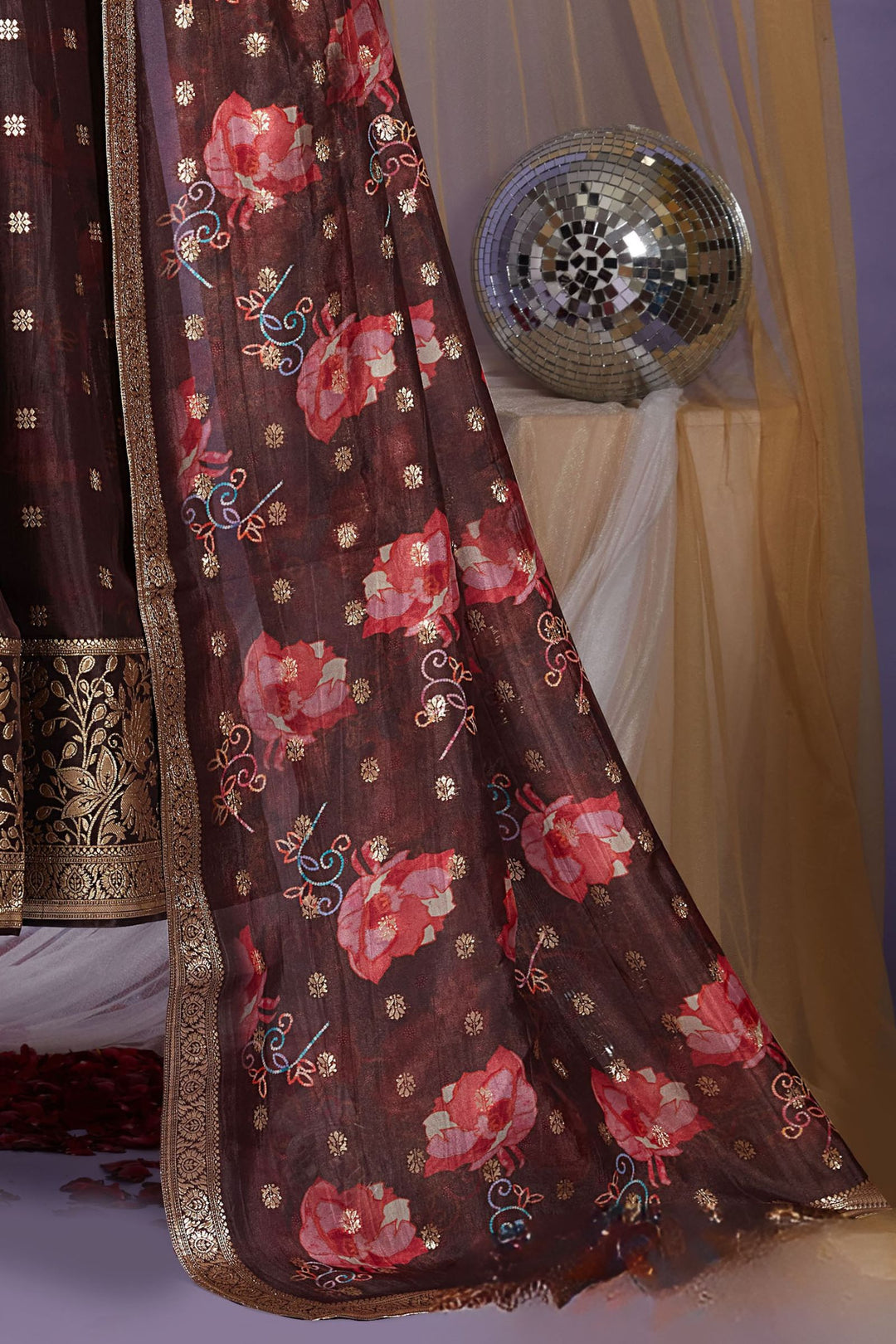 Coffee Brown Banaras, Zardozi and Sequins work with Digital Print Anarkali Style Salwar