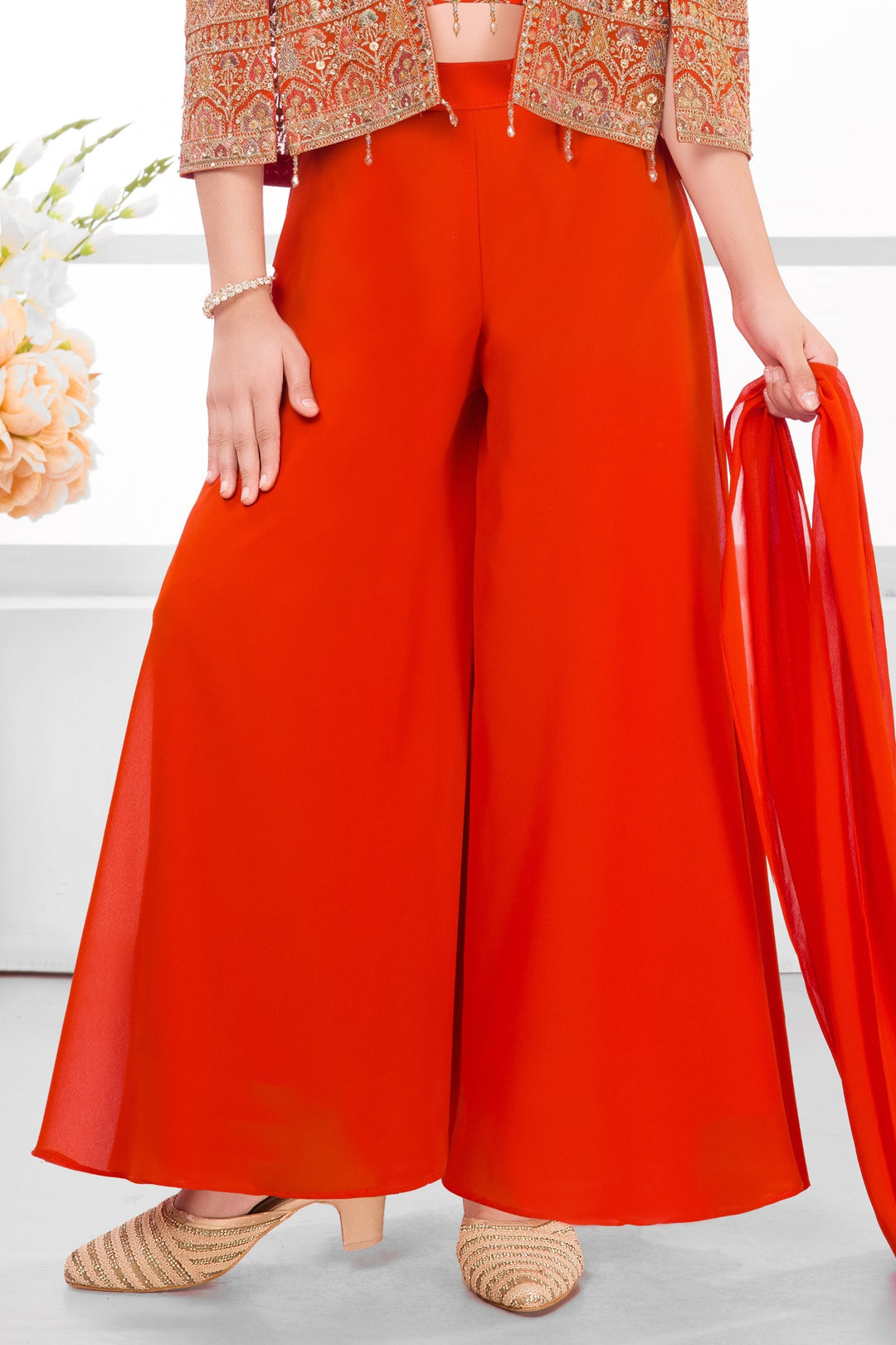 Orange Stone, Zari and Multicolor Embroidery work Jacket Styled Palazzo Set for Girls