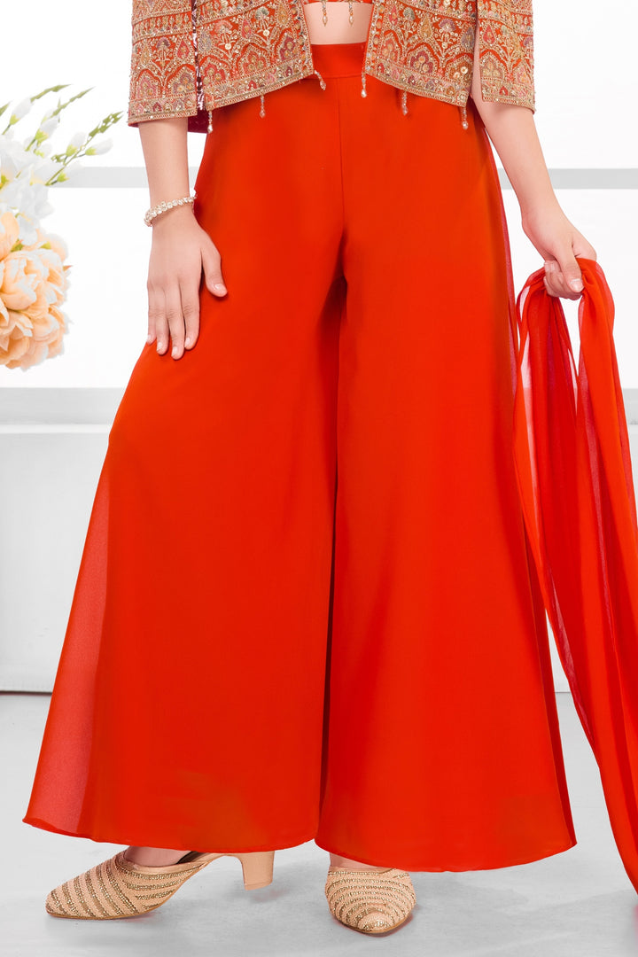 Orange Stone, Zari and Multicolor Embroidery work Jacket Styled Palazzo Set for Girls