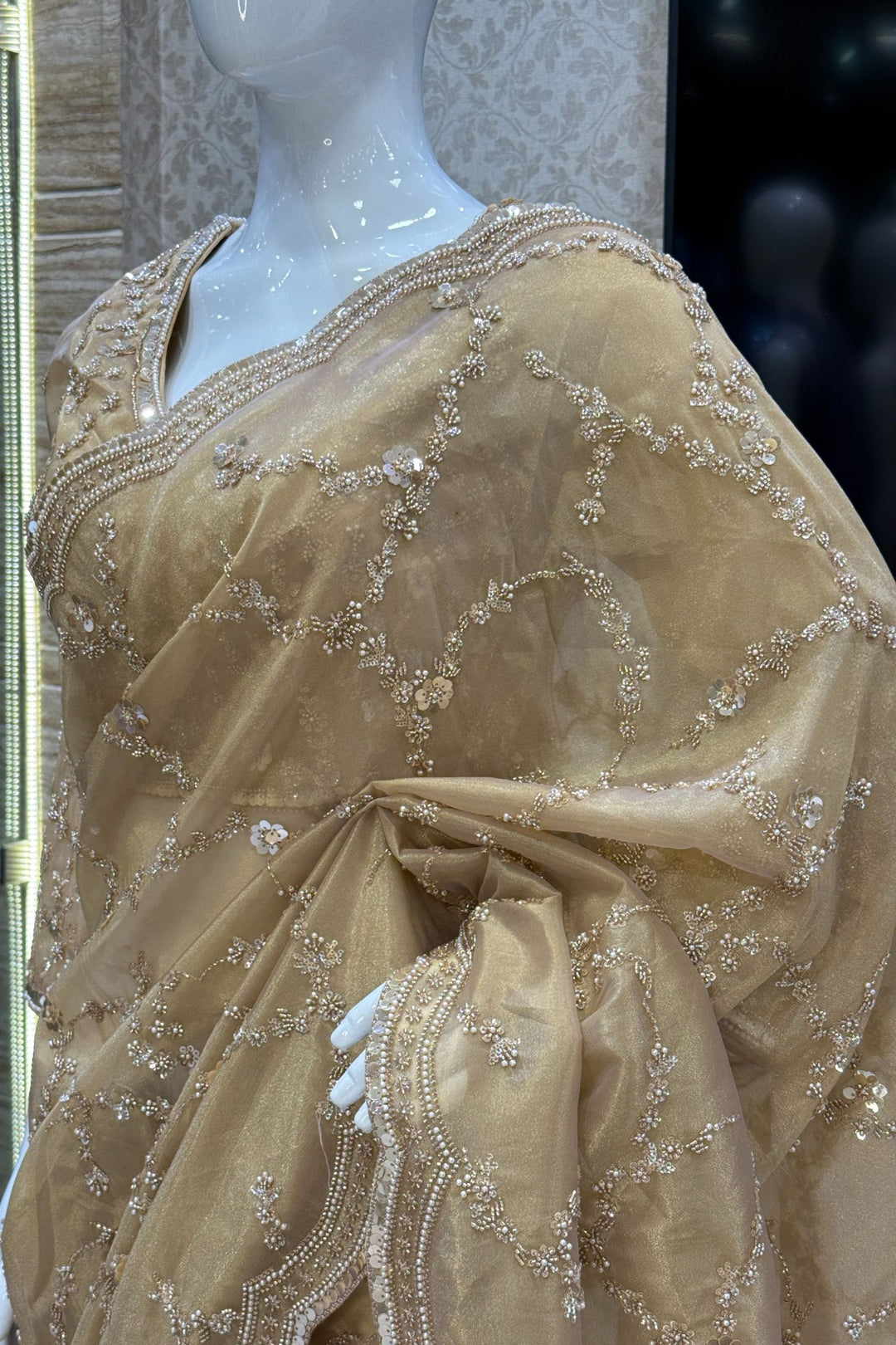 Gold Beads, Sequins, Peral and Zari work Saree