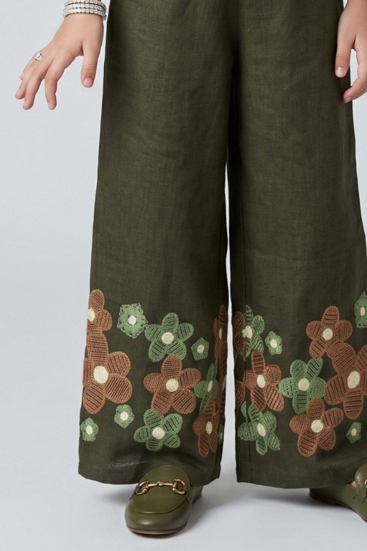 Dark Green Embroidery work Top and Palazzo Set for Girls