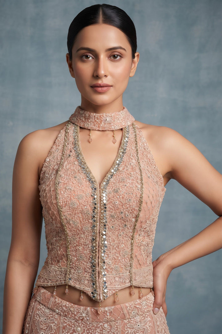 Peach Halter Neck Palazzo Set with Chikankari, Beads, Sequins, Mirror and Stone Detailing