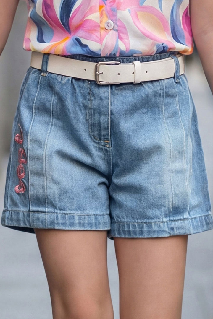Cream with Multicolor Digital Print Top and Blue Shorts For Girls