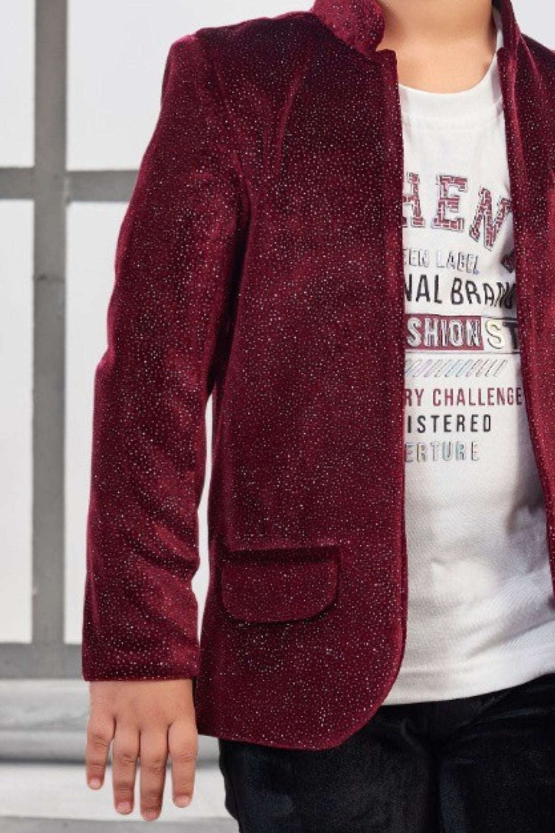 Maroon Boys Partywear Blazer Set with White T-Shirt and Black Pants