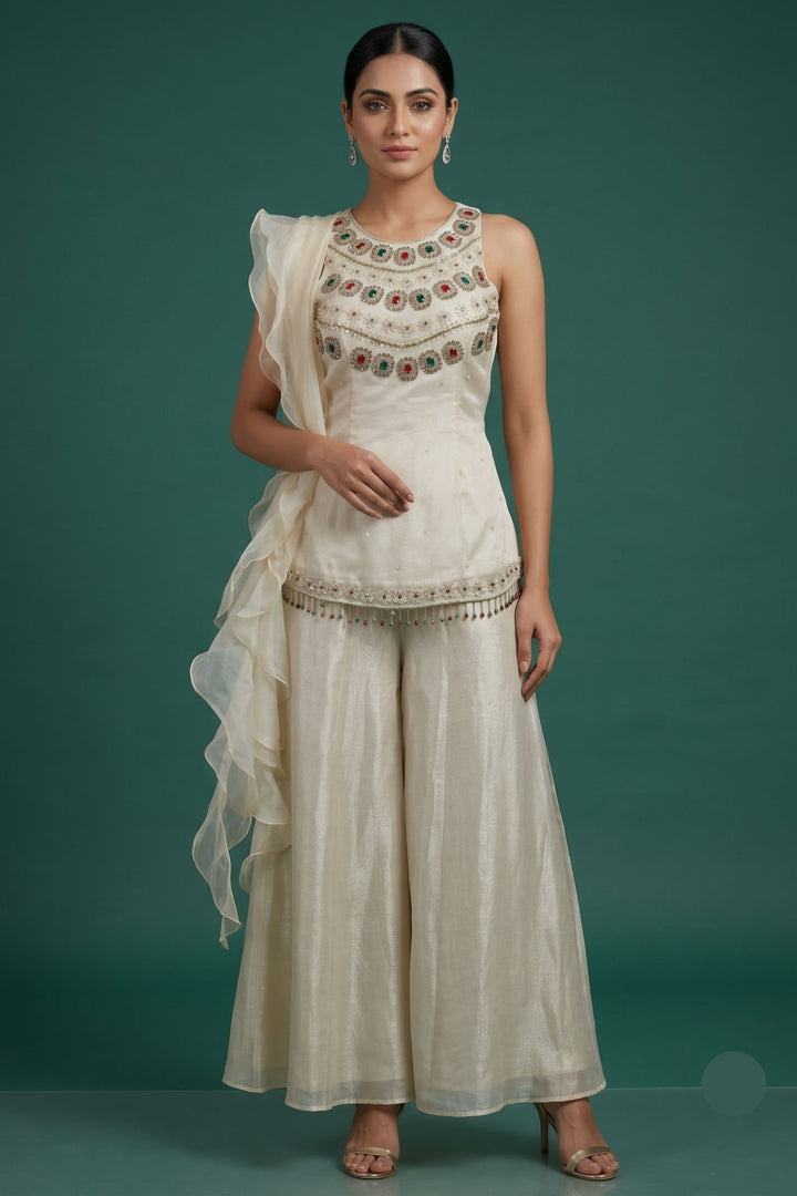 Silver Grey Palazzo Salwar Suit with Beads, Sequins and Stone Detailing