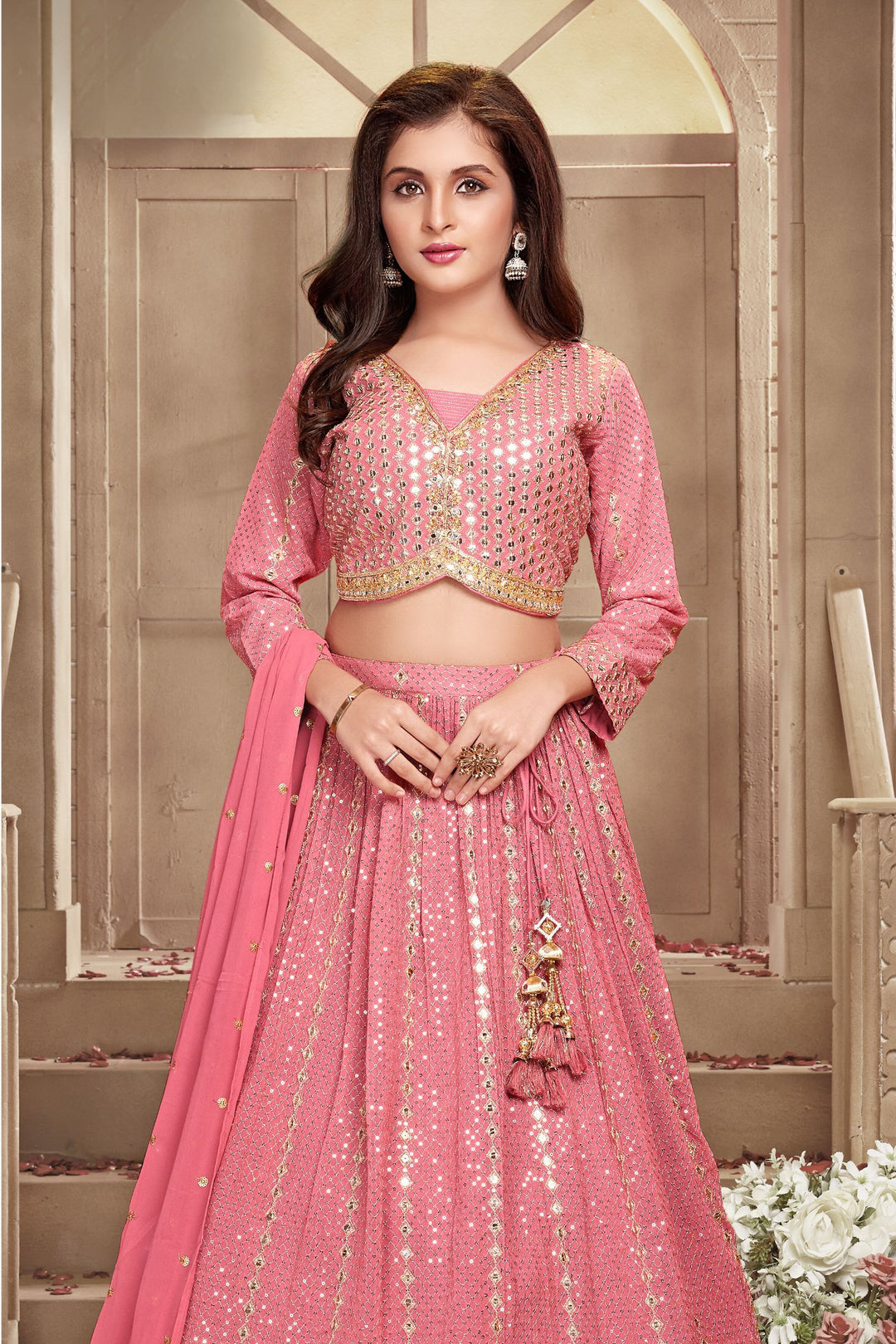 Peach Zari, Sequins, Beads and Mirror work Lehenga Choli for Girls