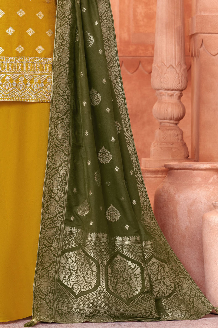 Yellow Banaras, Mirror, Zardozi, Sequins, Zari and Thread work Palazzo Salwar Suit