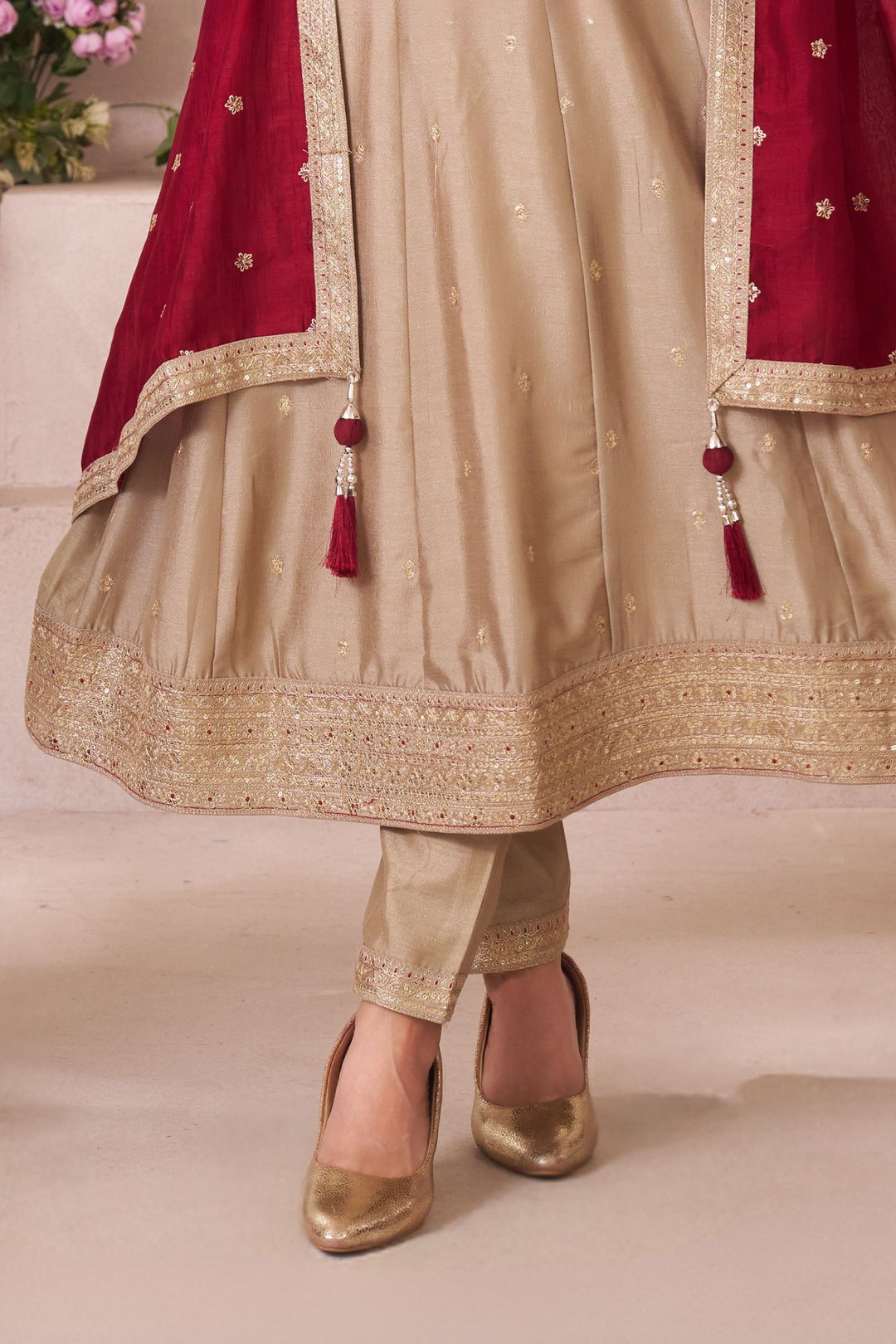 Beige Sequins and Zari work Anarkali Style Salwar