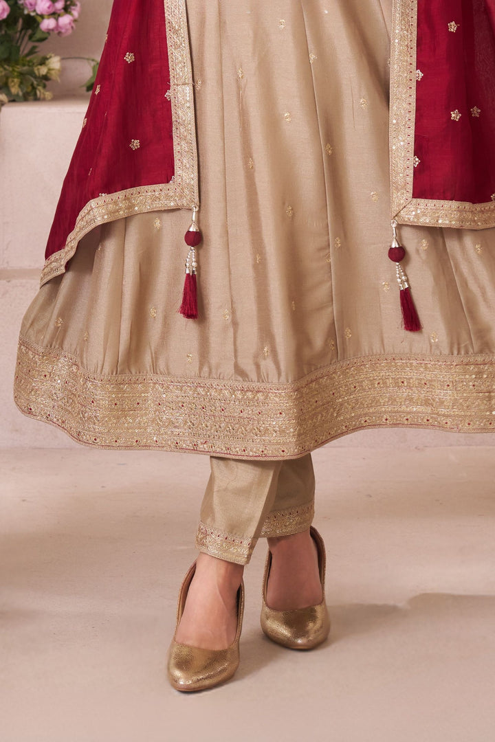 Beige Sequins and Zari work Anarkali Style Salwar