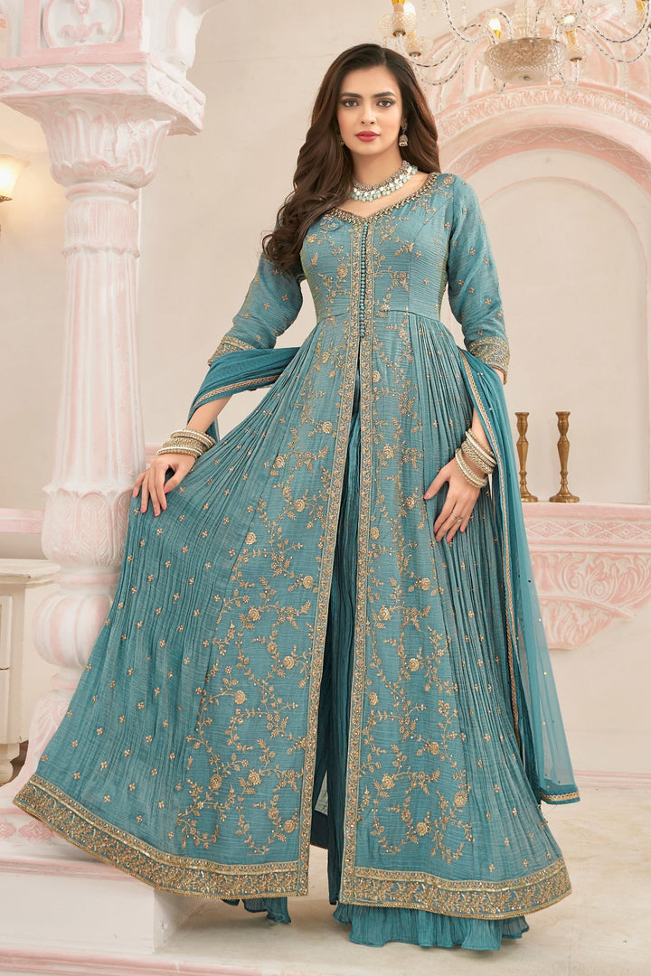 Frozen Blue Sequins, Zari, Zardozi, Stone and Beads work Mastani Styled Long Top Lehenga