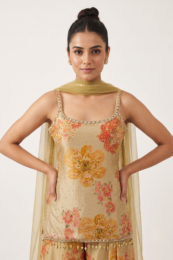 Light Beige Stone, Beads and Kundan work with Floral Print Palazzo Salwar Suit