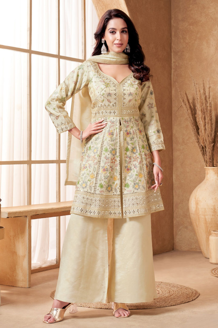 Cream Sequins, Zari and Multicolor Thread work Palazzo Salwar Suit