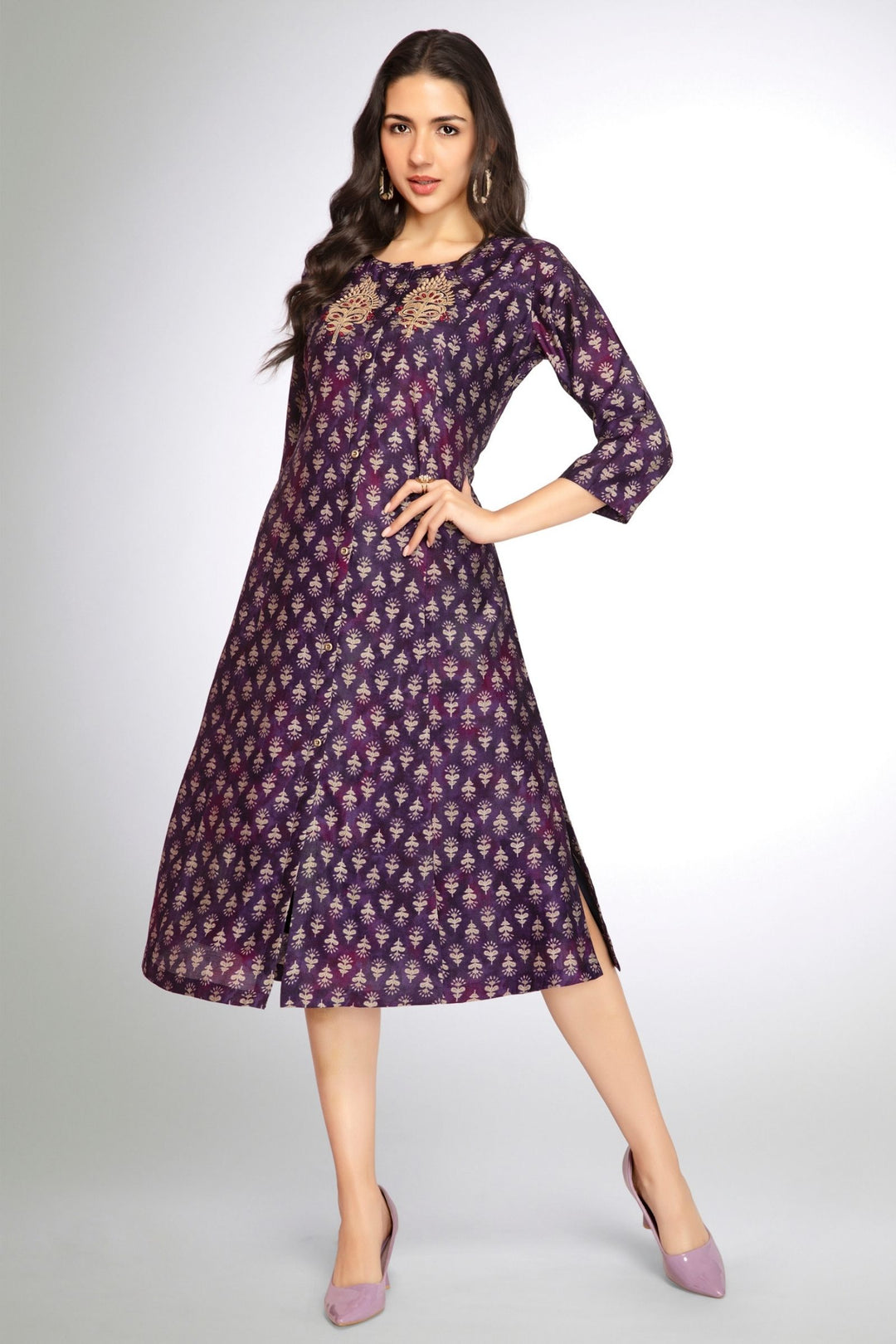 Violet Mirror and Thread work with Digital Print A-Line Cut Calf Length Kurti