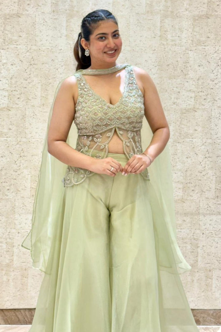 Pista Green Sequins and Beads work Top with Flared Palazzo Set