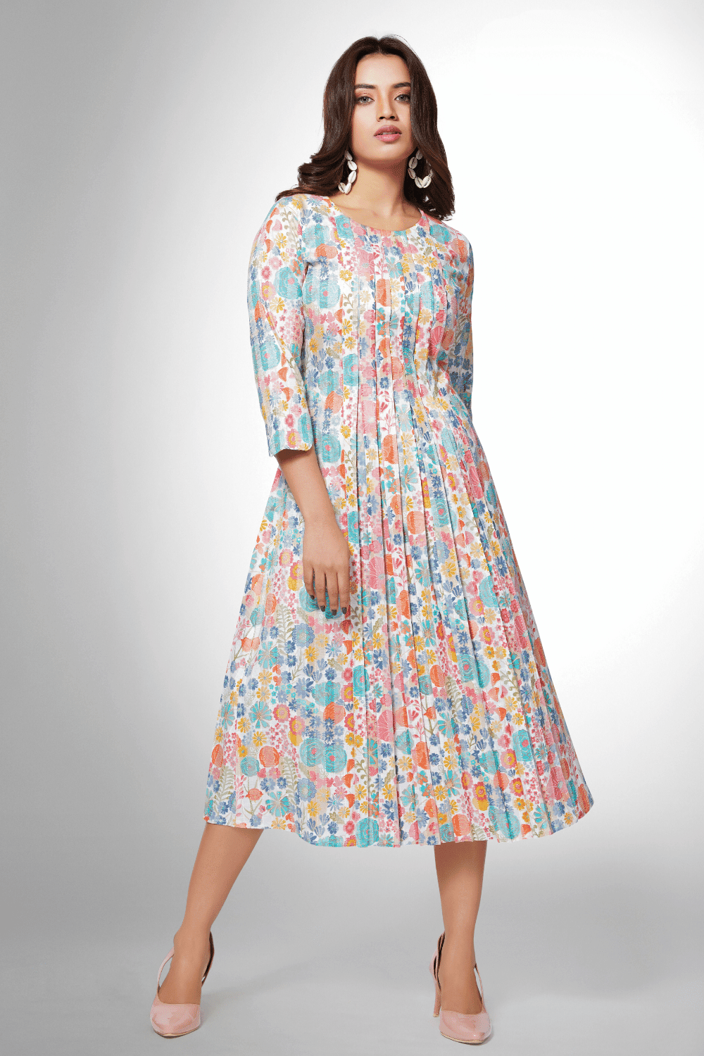 Half White Floral Print Anarkali Styled Calf Length Kurti - Seasons Chennai