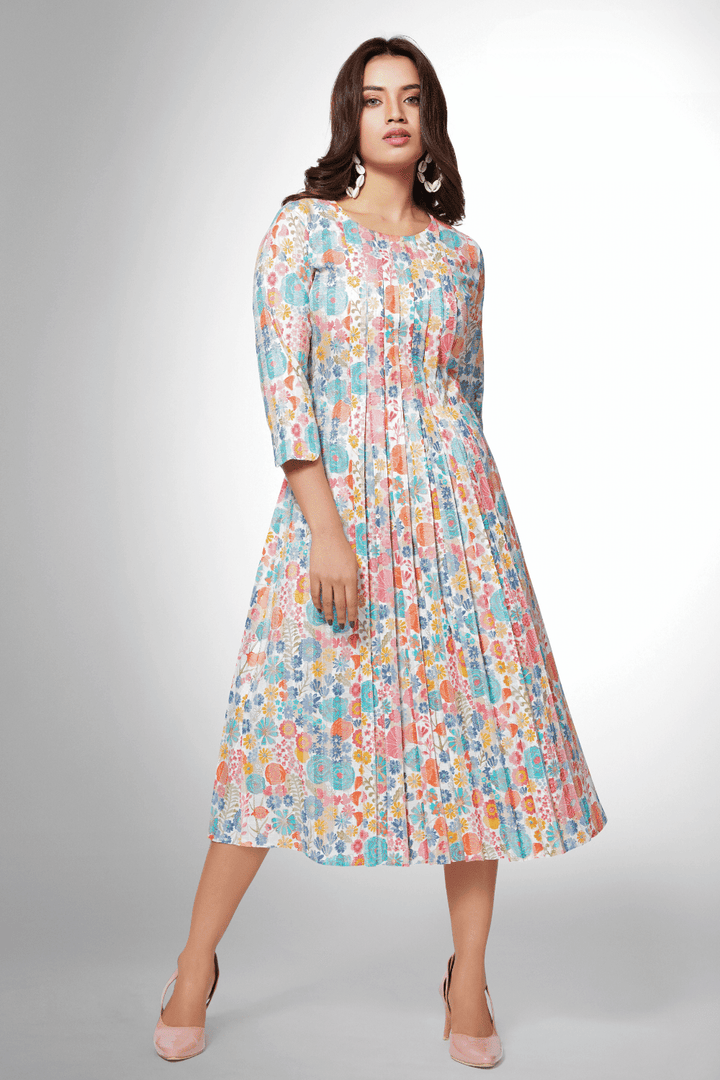 Half White Floral Print Anarkali Styled Calf Length Kurti - Seasons Chennai