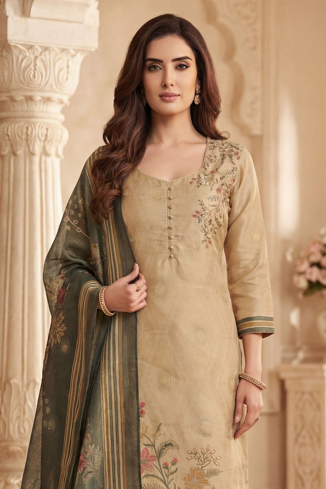 Beige Beads, Zardozi, Zari and Sequins work with Digital Print Straight Cut Salwar Suit