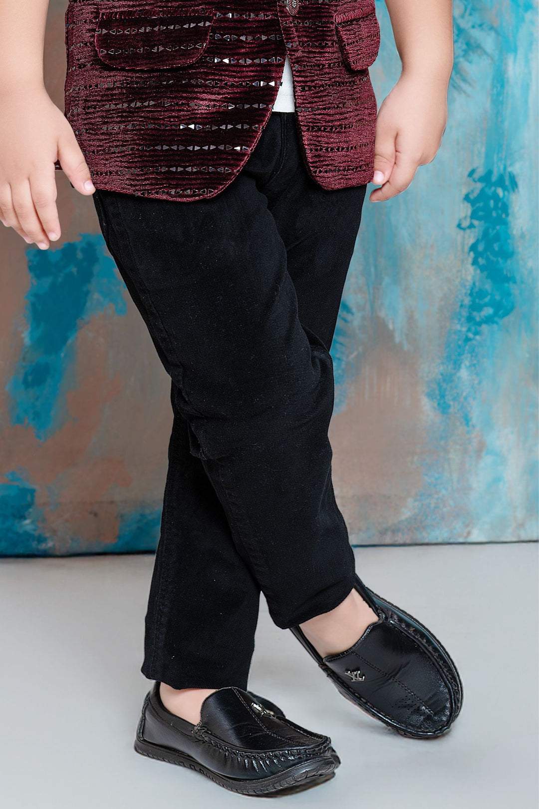 Maroon Waist Coat with White T-Shirt and Black Pant Set for Boys