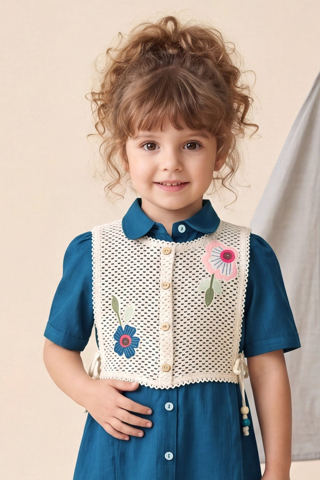Teal Blue with Cream Jacket Styled Short Frock for Girls