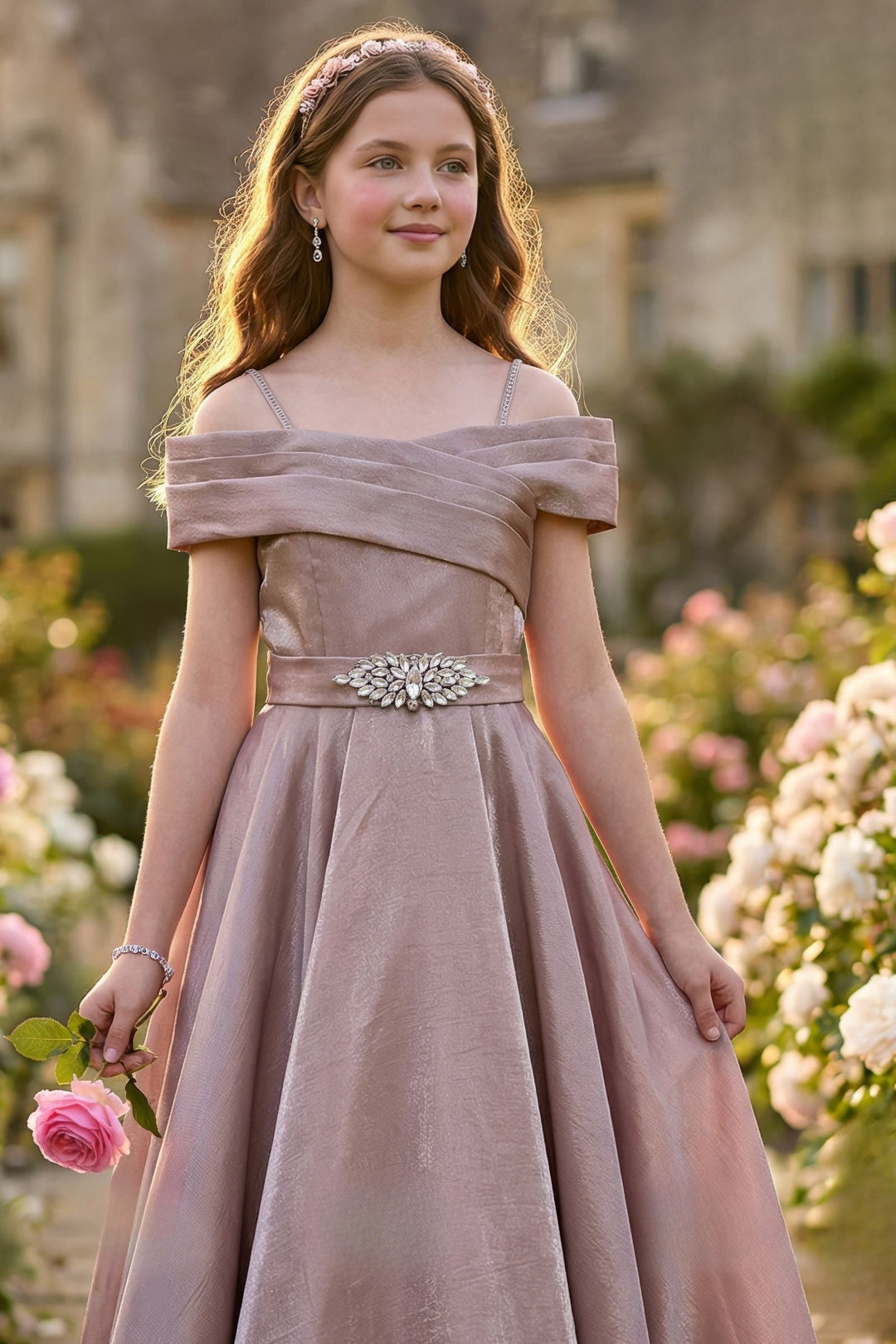 Onion Pink Stone work Long Party Gown for Girls