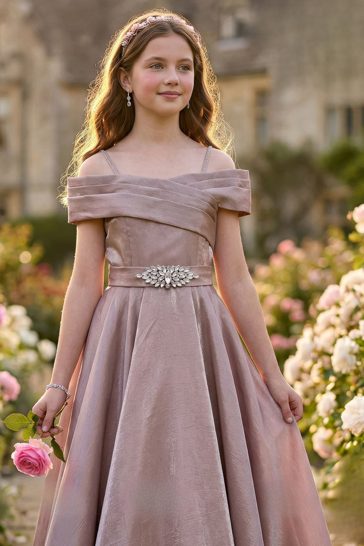 Onion Pink Stone work Long Party Gown for Girls