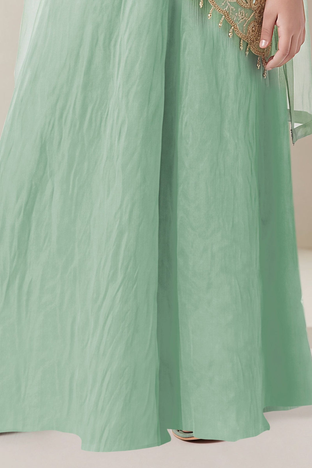 Sea Green Beads, Sequins and Thread work Palazzo Suit Set for Girls