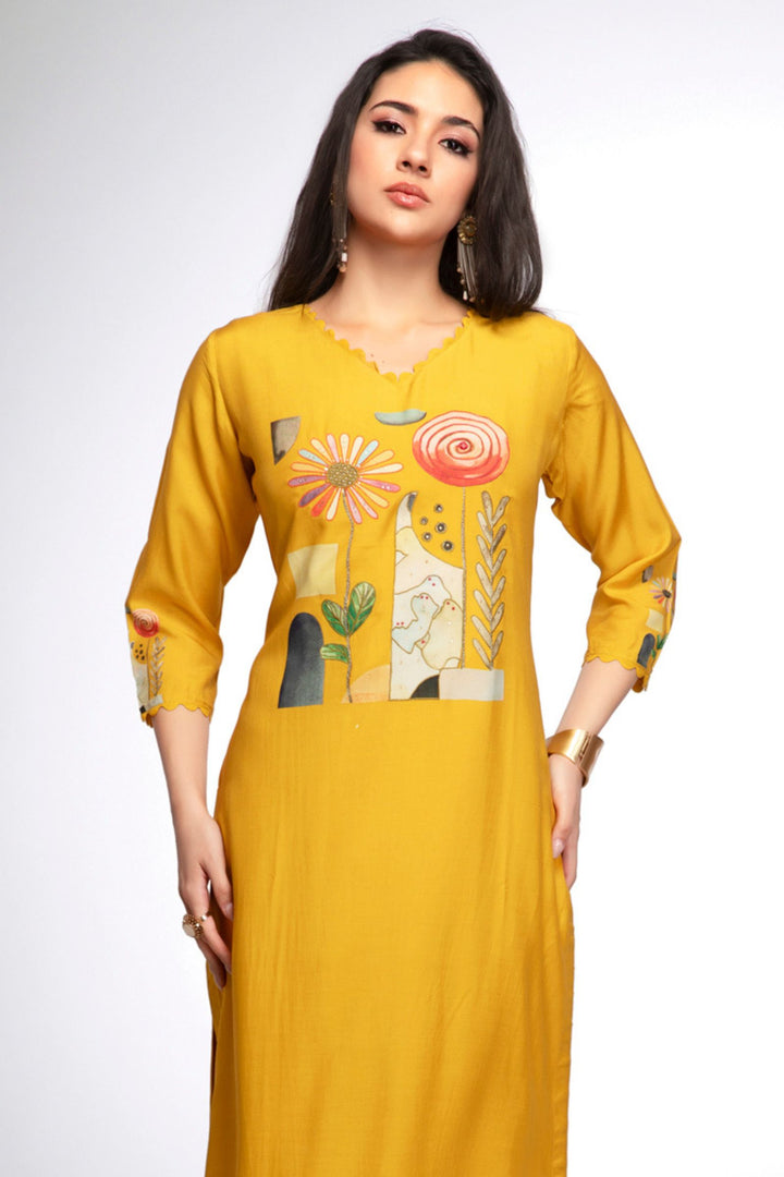 Yellow Stone work with Digital Print Calf Length Kurti