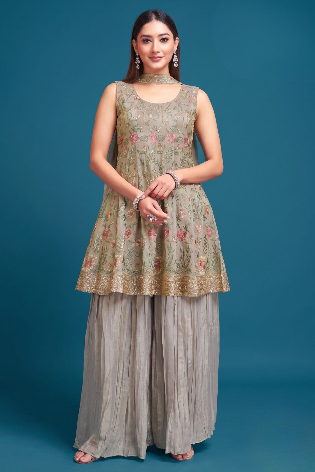 Copper Embroidery, Zari and Sequins work Palazzo Set with Peplum Top