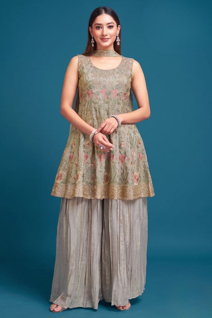 Copper Embroidery, Zari and Sequins work Palazzo Set with Peplum Top