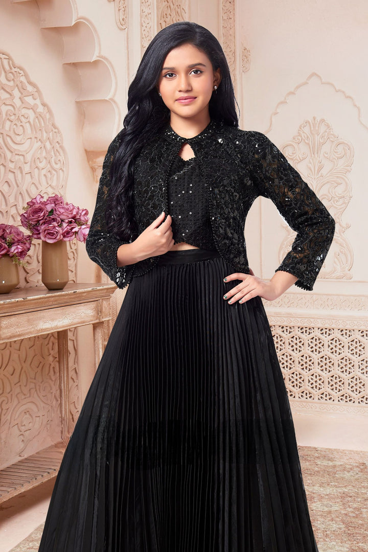 Black Sequins, Beads, Stone and Thread work Jacket Styled Lehenga Choli for Girls