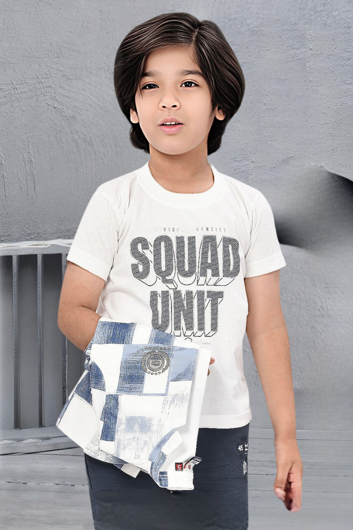 White with Printed Blazer, T-Shirt and Blue Pant Set for Boys with Belt