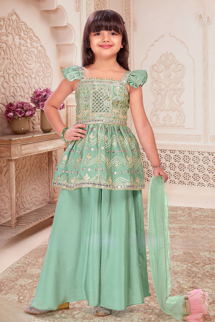 Pista Green Sequins, Thread, Mirror and Zari work Palazzo Suit Set for Girls