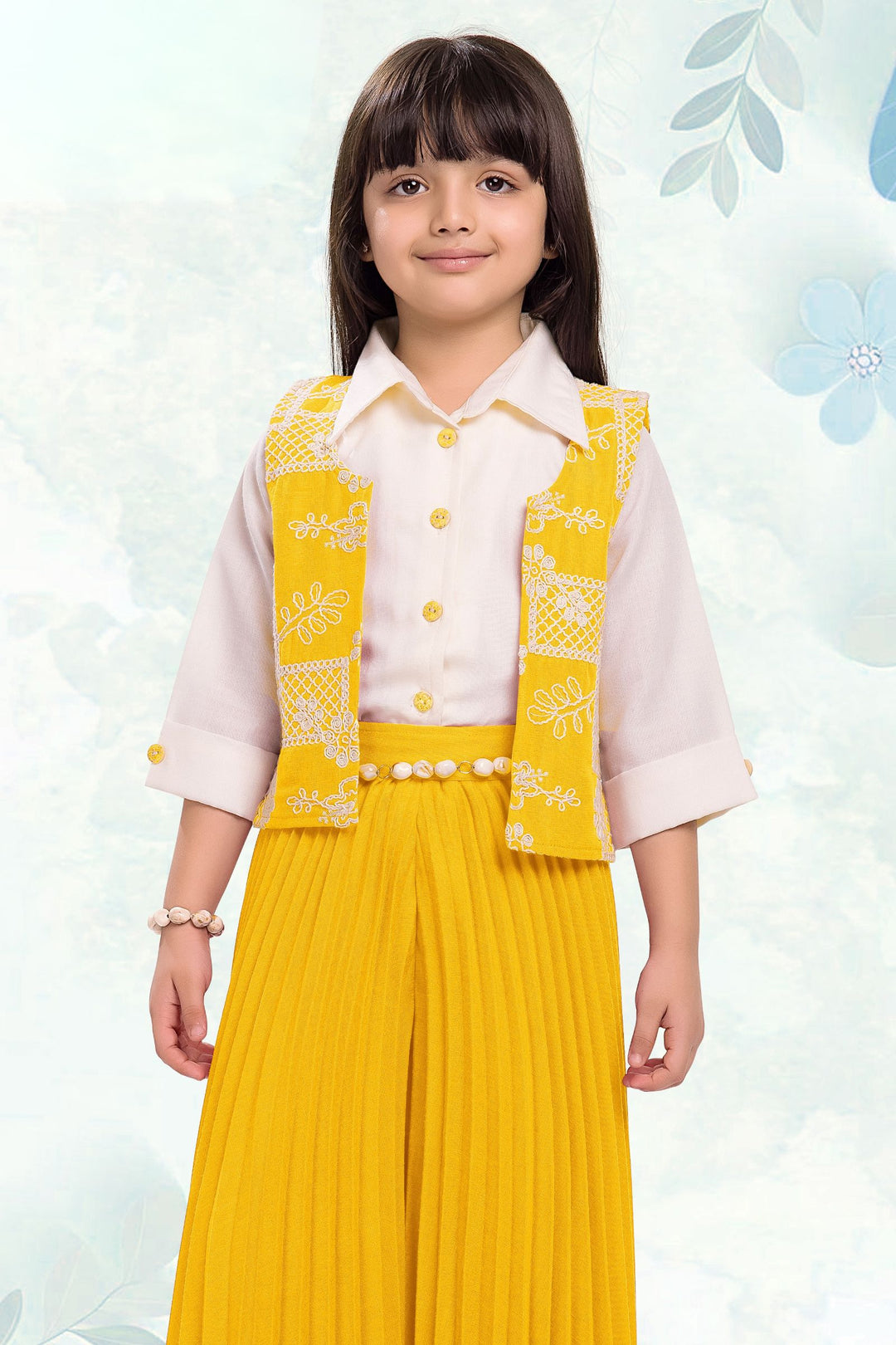 Cream with Yellow Thread work Jacket Styled Palazzo Set for Girls
