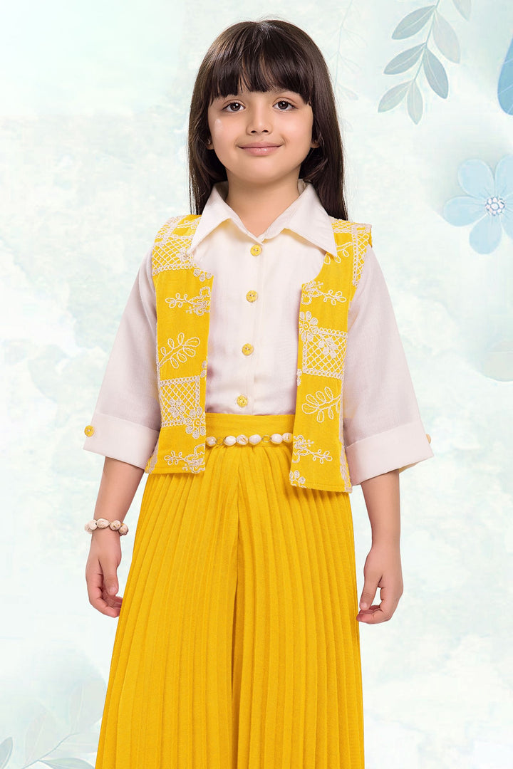 Cream with Yellow Thread work Jacket Styled Palazzo Set for Girls