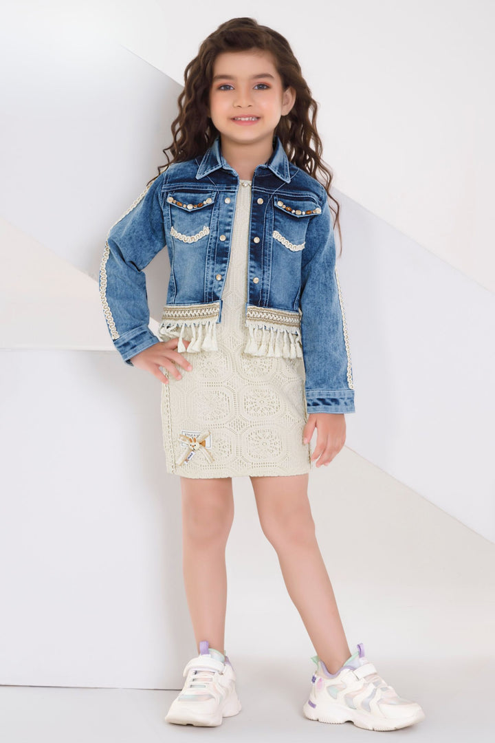 Cream with Blue Thread work Jacket Styled Short Frock For Girls