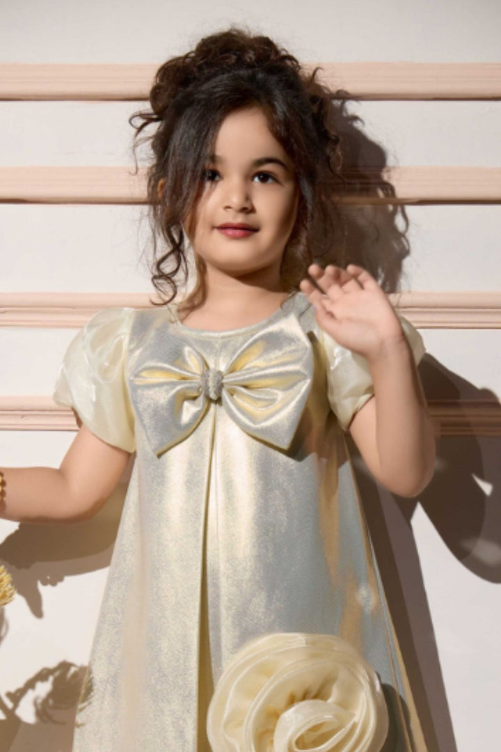Gold Bow and Rose Accent Short Partywear Frock for Girls
