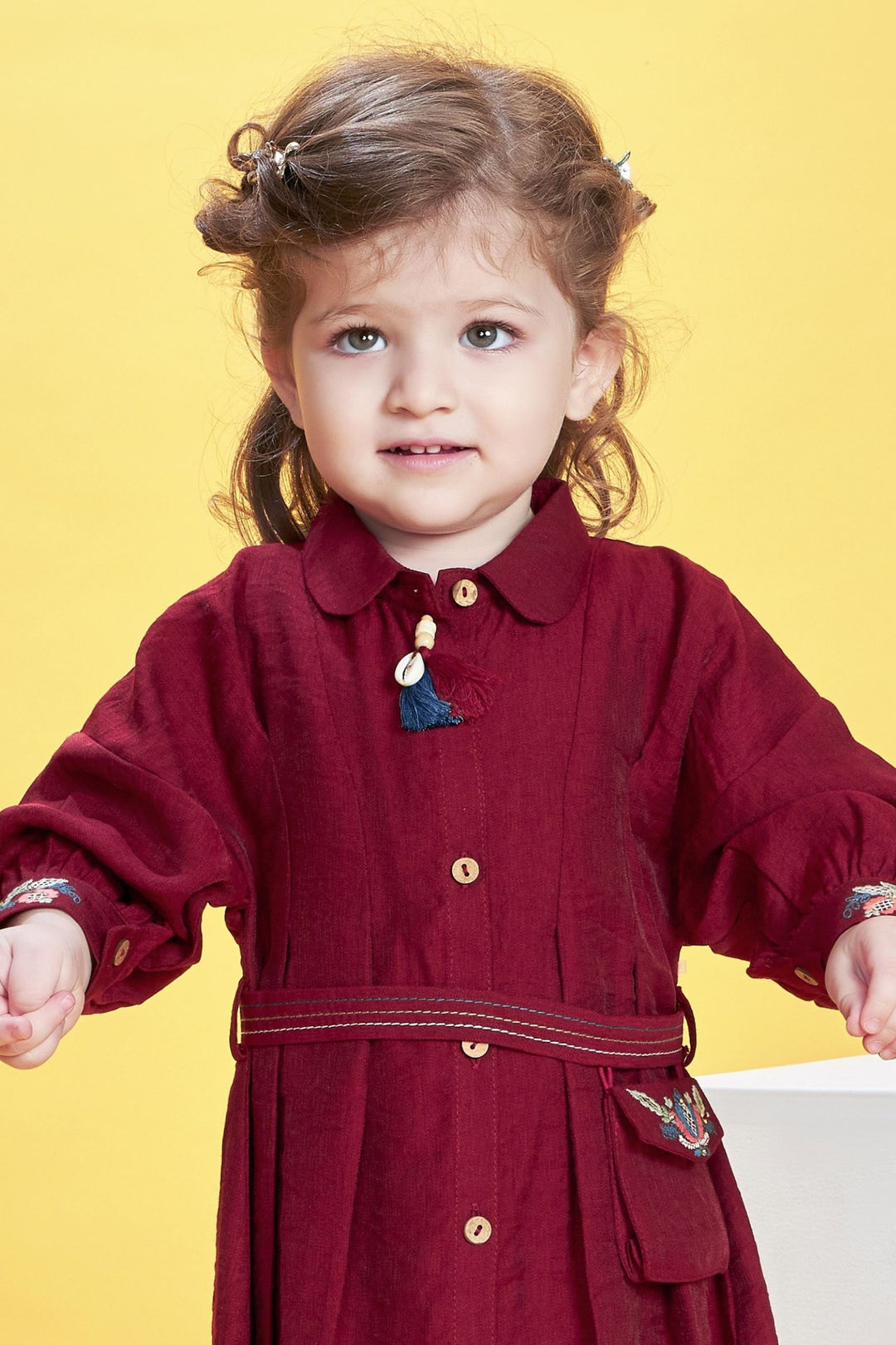 Maroon Thread work Short Frock for Girls with Belt