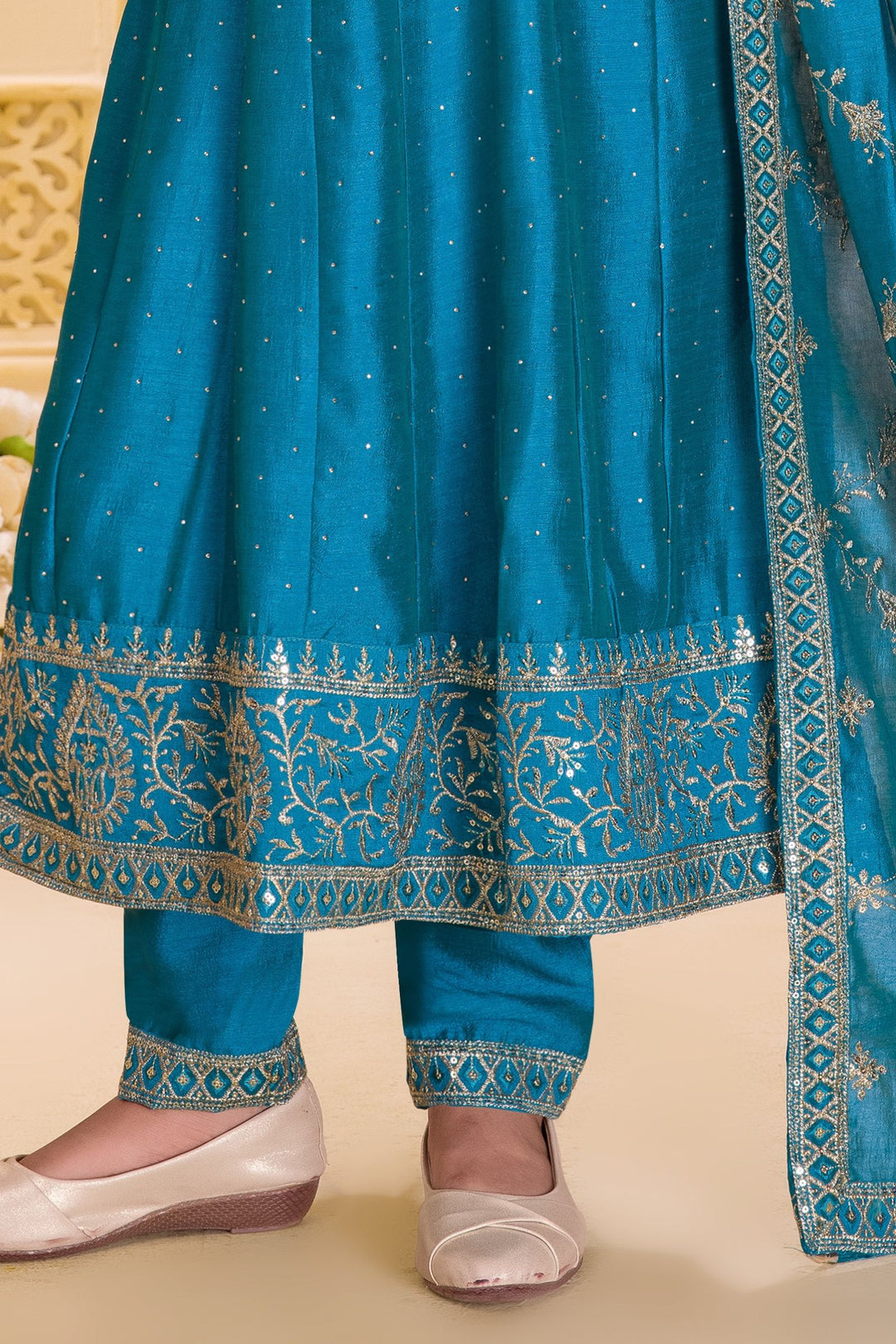 Rama Blue Sequins, Zari and Stone work Anarkali Style Salwar Suit for Girls