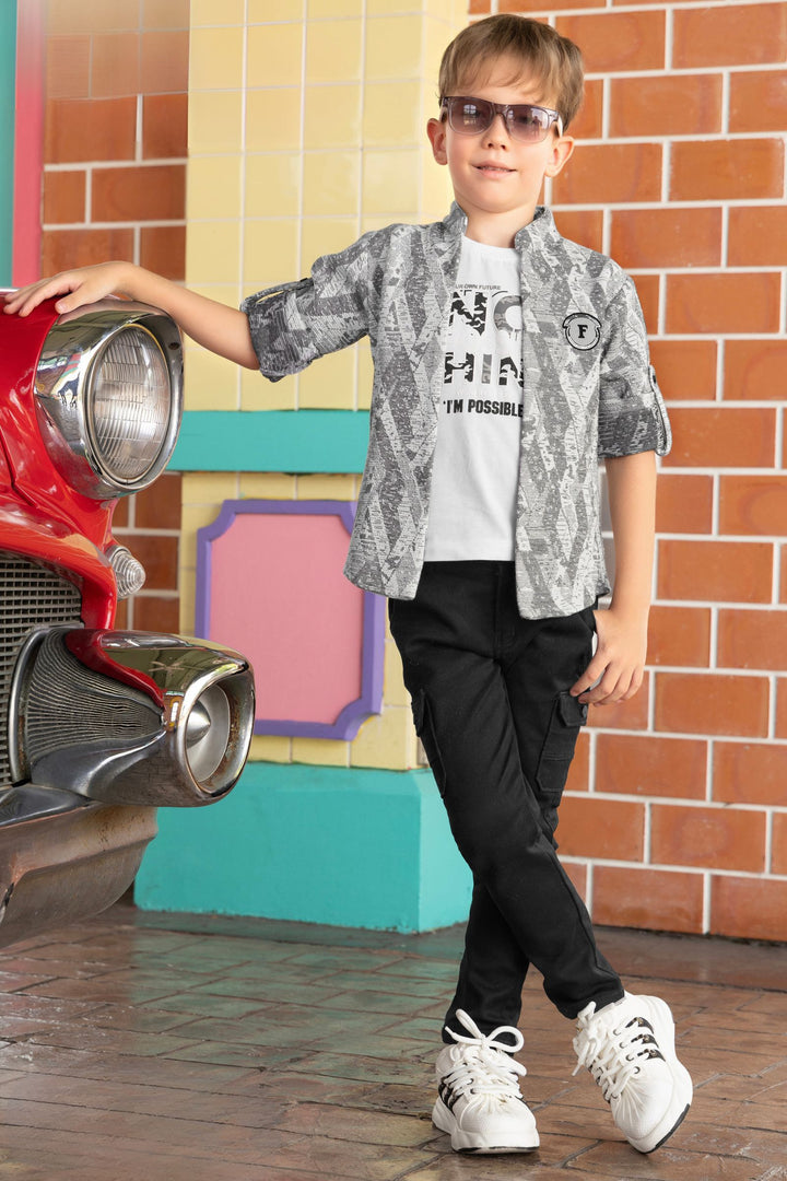 White with Grey Printed Blazer, T-Shirt and Black Pant Set for Boys with Belt