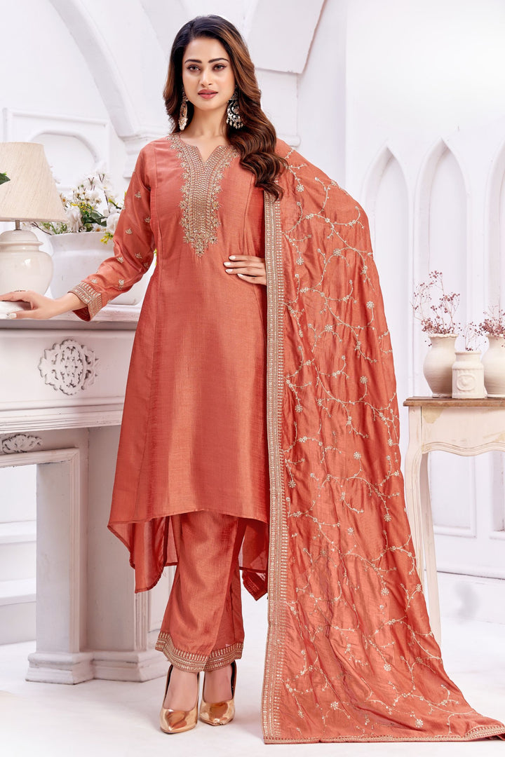 Rust Beads, Sequins, Mirror, Stone and Thread work A-line Cut Salwar Suit