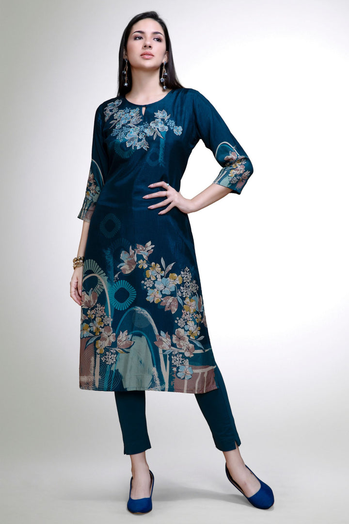 Peacock Blue Floral Print Calf Length Kurti
