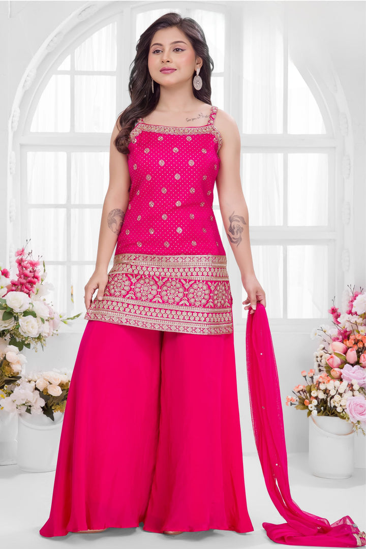 Rani Pink Zari, Stone, Beads and Sequins work Palazzo Suit Set for Girls