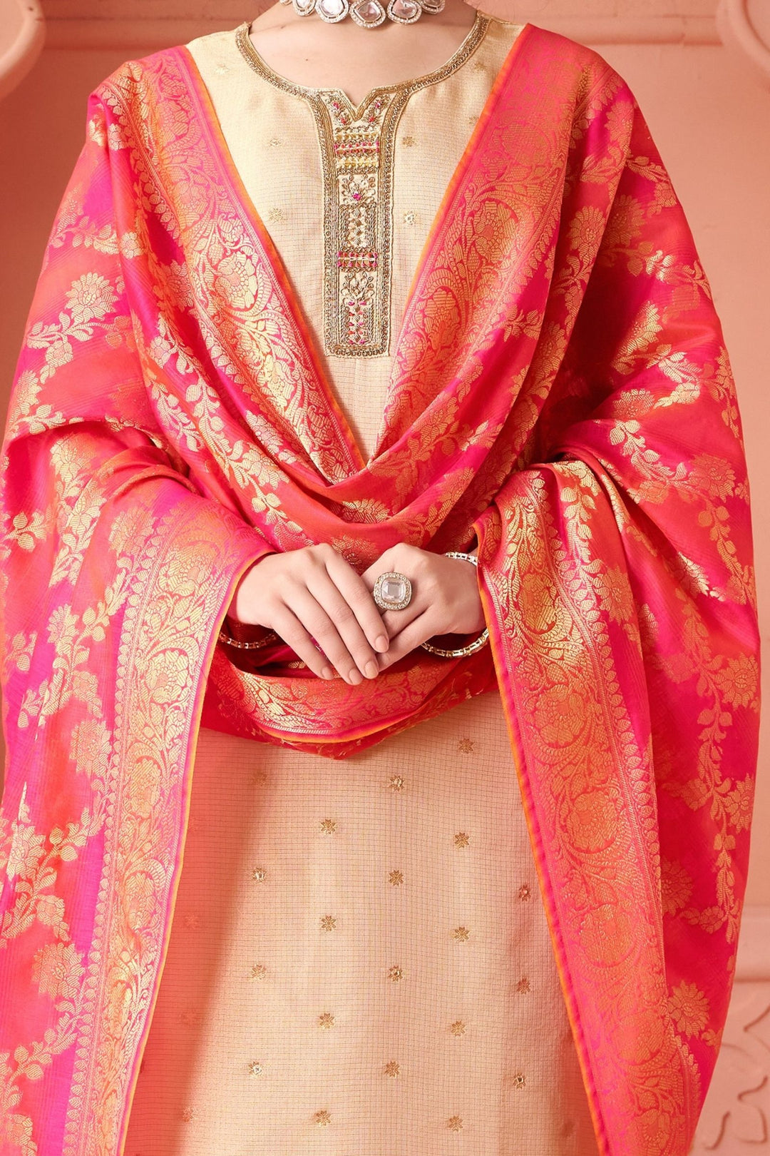 Beige Zardozi, Beads, Pearl, Thread and Mirror work Straight Cut Salwar Suit
