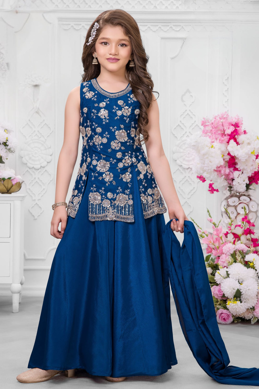 Teal Blue Sequins, Beads and Thread work Palazzo Suit Set for Girls
