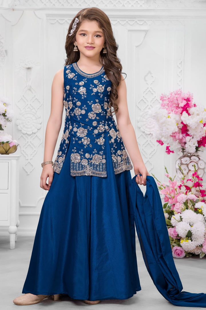 Teal Blue Sequins, Beads and Thread work Palazzo Suit Set for Girls
