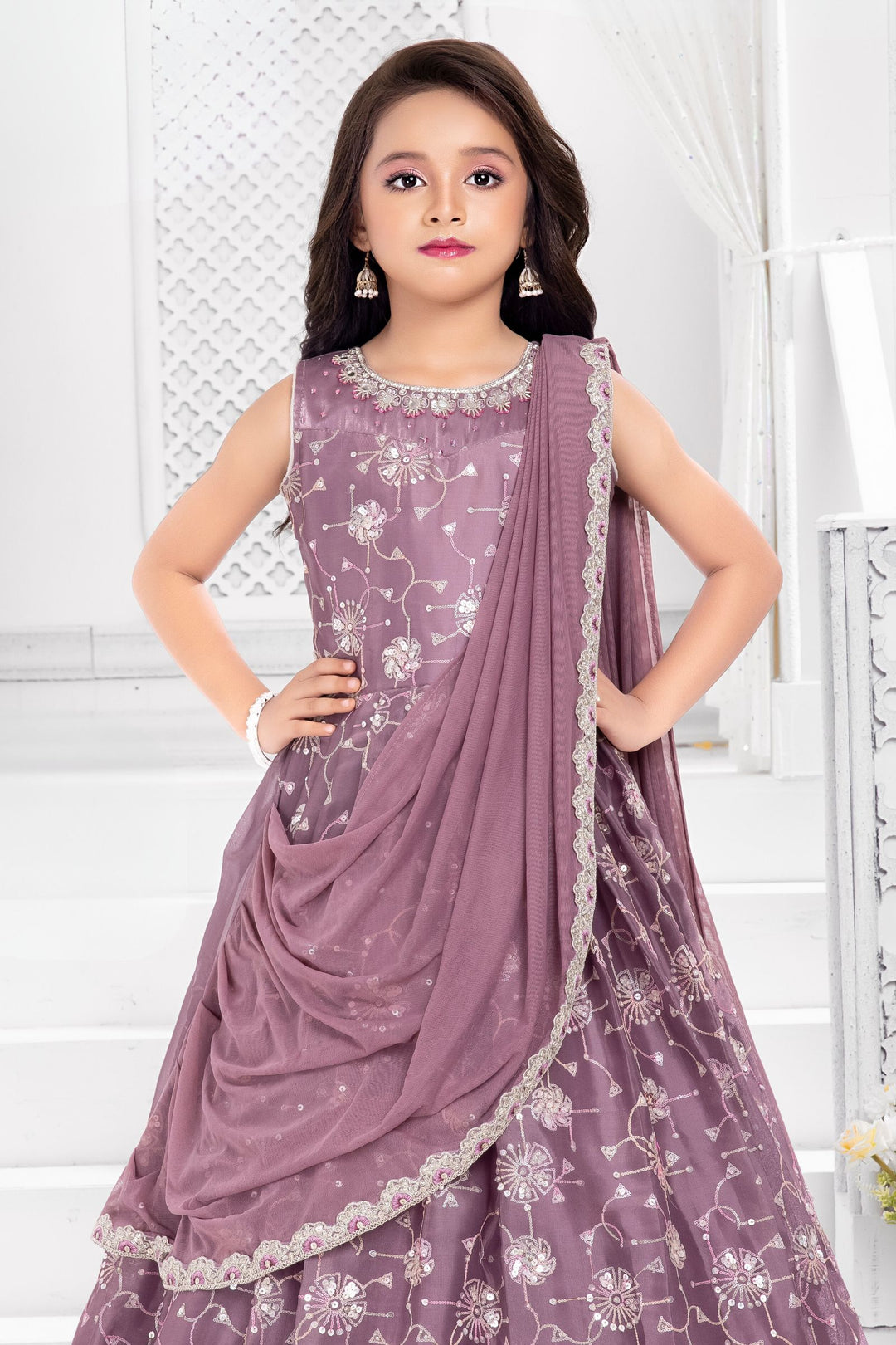 Lilac Sequins, Thread and Mirror work Long Party Gown for Girls