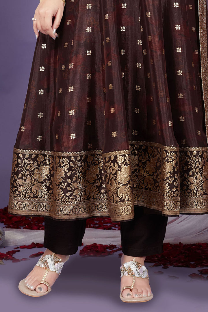 Coffee Brown Banaras, Zardozi and Sequins work with Digital Print Anarkali Style Salwar