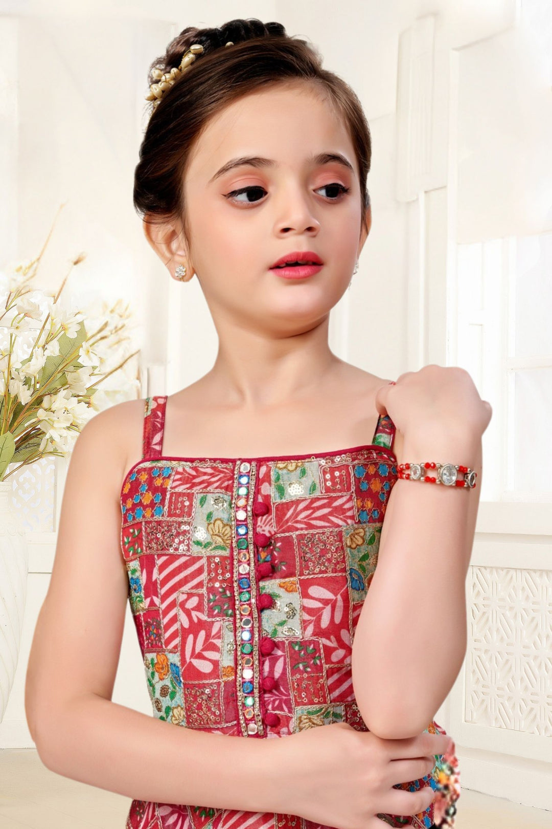 Rani Pink Sequins, Mirror and Stone work with Multicolor Digital Print Joggers Set for Girls